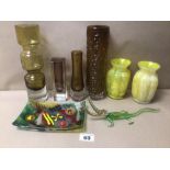 A SMALL COLLECTION OF MIXED YELLOW AND AMBER ART GLASS VASES TWO MORE, INCLUDING A PAIR OF