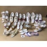 A LARGE COLLECTION OF VINTAGE PORCELAIN SHOES, SOME EARLY, INCLUDING SOME CONTAINING MAKERS MARKS TO