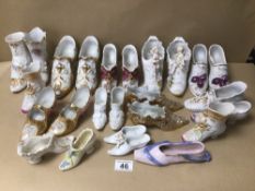 A LARGE COLLECTION OF VINTAGE PORCELAIN SHOES, SOME EARLY, INCLUDING SOME CONTAINING MAKERS MARKS TO