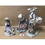 THREE LLADRO FIGURINES, INCLUDES A MAN WITH A HORSE AND TWO YOUNG GIRLS PICKING FLOWERS A/F