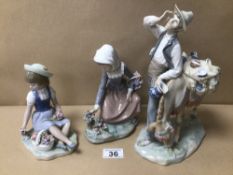 THREE LLADRO FIGURINES, INCLUDES A MAN WITH A HORSE AND TWO YOUNG GIRLS PICKING FLOWERS A/F