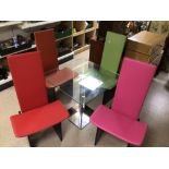 A MODERN GLASS DINING TABLE WITH FOUR DIFFERENT COLOURED CHAIRS (SIMON GAVINA STYLE) 80 X 80CM