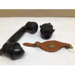 A WWII FIELD TELEPHONE AND CHEST RECEIVER WITH A LEATHER QUEENS INFANTRY ARM BAND