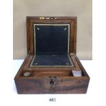 A VICTORIAN WALNUT RECTANGULAR WRITING SLOPE WITH KEY, 30CM