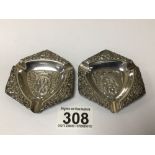 TWO 900 SILVER CANADIAN EMBOSSED ASHTRAYS, 8CM