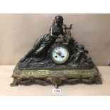 A 19TH CENTURY JAPYS FERES FRENCH CLOCK ON A GILT BASE PAINTED DIAL A/F, 50 X 33CM
