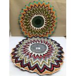 A PAIR OF VINTAGE 1970S RETRO/BOHO ROUND CROCHETED CUSHIONS, 50CM DIAMETER WITH A SIMILAR TABLE MAT