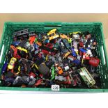 A LARGE CRATE OF PLAY WORN DIE-CAST VEHICLES AND MORE