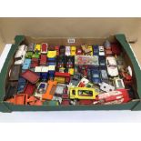 A LARGE QUANTITY OF CORGI, DINKY PLAY WORN DIE-CAST TOY VEHICLES, BATMOBLES, THE SAINT, MAN FROM