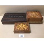A MUSICAL MARQUETRY LIDDED CIGARETTE BOX A/F , WITH A CRIBBAGE BOARD AND A MARQUETRY LIDDED WOODEN