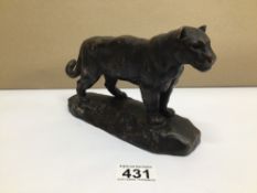 A BRONZE STATUE OF A LIONESS SIGNED BARYE, 20CM LONG