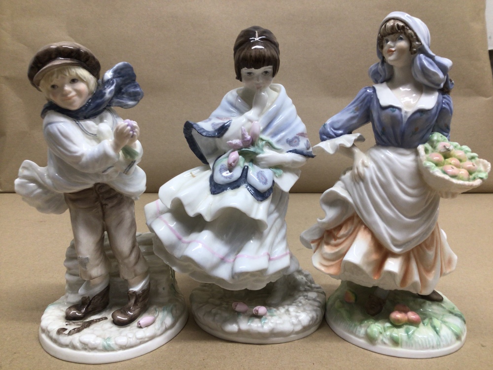 LIMITED EDITION ROYAL WORCESTER FIGURE 'ROSIE PICKING APPLES' WITH TWO LIMITED EDITION COALPORT