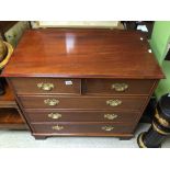 A VINTAGE TWO OVER THREE CHEST OF DRAWERS WITH BRASS HANDLES, 95 X 54 X 90CM
