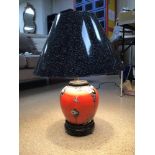 A VINTAGE CERAMIC TABLE LAMP ORANGE WITH FLOWERS AND BUTTERFLIES DECORATION, 64CM HIGH