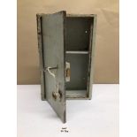 A VINTAGE METAL CHUBB WALL SAFE WITH LOCK AND KEY, 35 X 23 X 11CM