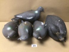 FOUR PLASTIC DECOY PIGEONS AND ONE DUCK LARGEST BEING 29CM IN LENGTH