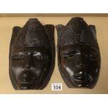 TWO TRIBAL ART AFRICAN WOODEN WALL MASKS, 28 X 20CM