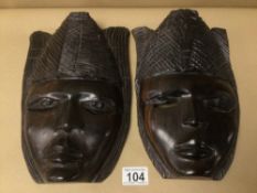 TWO TRIBAL ART AFRICAN WOODEN WALL MASKS, 28 X 20CM