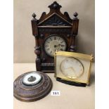 A MANTLE PIECE CLOCK, A BRASS IMHOFF MANTLE CLOCK AND AN ALDRED & SON BAROMETER LARGEST BEING 35CM