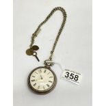 A HALLMARKED SILVER CASED POCKET WATCH WITH CHAIN AND KEY