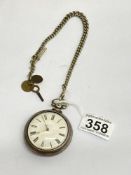 A HALLMARKED SILVER CASED POCKET WATCH WITH CHAIN AND KEY