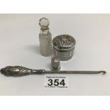 FOUR HALLMARKED SILVER ITEMS, SCENT BOTTLE, THIMBLE AND MORE