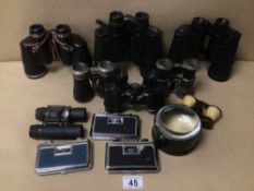 A LARGE COLLECTION OF BINOCULARS, SOME VINTAGE, INCLUDES BOOTS EMPIRE MADE 10 X 50, SEHFELD 7 X 50