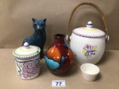 FIVE PIECES OF POOLE POTTERY WARE, INCLUDES A CAT, VASE, A LIDDED BOWL, AND MORE