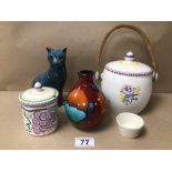 FIVE PIECES OF POOLE POTTERY WARE, INCLUDES A CAT, VASE, A LIDDED BOWL, AND MORE