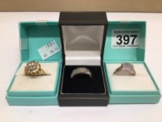TWO 925 SILVER RINGS WITH ONE OTHER YELLOW METAL, ALL BOXED