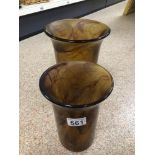 TWO CLOUDED AMBER GLASS VASES DAVIDSON, LARGEST 25 X 18CM