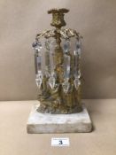 A FIGURAL BRASS CANDLESTICK ON MARBLE BASE A/F 28CM IN HEIGHT