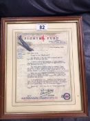 A FRAMED AND GLAZED SIGNED AND DATED WW2 FIGHTER FUND ‘THANK YOU’ LETTER ADDRESSED TO ‘MISS BIRD’