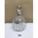 A VINTAGE CUT GLASS PERFUME DECANTER WITH STOPPER AND A HALLMARKED SILVER COLLAR A/F 22CM IN HEIGHT