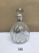 A VINTAGE CUT GLASS PERFUME DECANTER WITH STOPPER AND A HALLMARKED SILVER COLLAR A/F 22CM IN HEIGHT