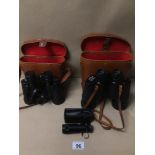 TWO PAIRS OF BINOCULARS WITH A MINI MARCUS 8 X 20 MONOCULAR, ALL CASED, INCLUDES AN L & G TELSTAR 20