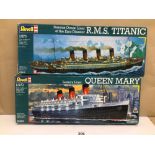 TWO REVELL PLASTIC MODEL KITS OF QUEEN MARY (05203) AND TITANIC (05215) BOTH BOXED, CONTENTS