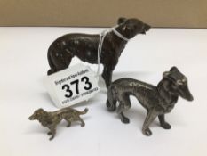 THREE METAL STATUES OF DOGS, BRONZE, AND MORE, LARGEST 8CM
