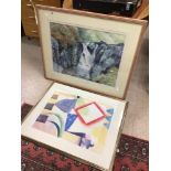 CHRISTIAN WHARTON FRAMED AND GLAZED WATERCOLOUR WITH AN ABSTRACT PRINT, LARGEST 100 X 82CM