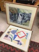 CHRISTIAN WHARTON FRAMED AND GLAZED WATERCOLOUR WITH AN ABSTRACT PRINT, LARGEST 100 X 82CM