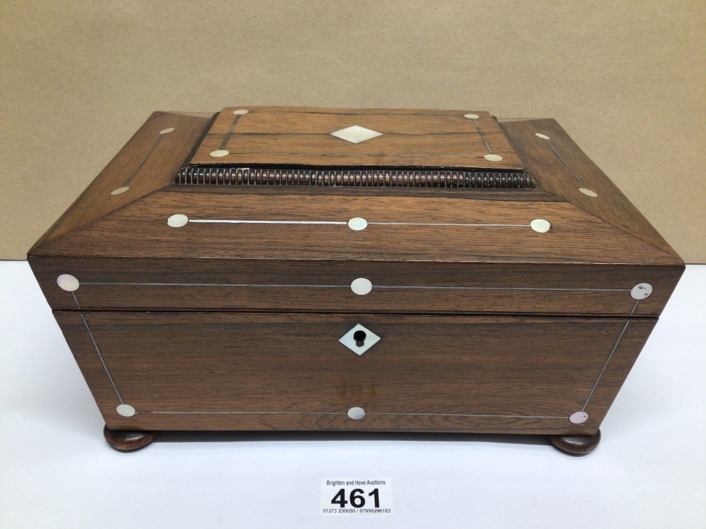 A ROSEWOOD WITH MOTHER OF PEARL INLAY WORKBOX/SEWING ON BUNG FEET WITH FITTED INTERIOR