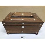 A ROSEWOOD WITH MOTHER OF PEARL INLAY WORKBOX/SEWING ON BUNG FEET WITH FITTED INTERIOR