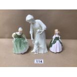 TWO ROYAL DOULTON FIGURINES, PENNY (HN2338) AND FAIR MAIDEN (HN2211) WITH A ROYAL WORCESTER FIGURINE