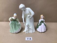 TWO ROYAL DOULTON FIGURINES, PENNY (HN2338) AND FAIR MAIDEN (HN2211) WITH A ROYAL WORCESTER FIGURINE