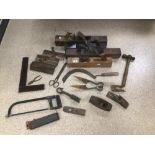 A COLLECTION OF LARGE VINTAGE TOOLS, INCLUDES PLANES, SQUARES, AND MORE