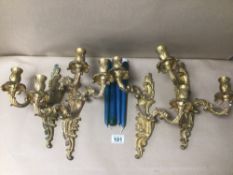 TWO PAIRS OF ROCOCO STYLE GILDED METAL WALL LIGHTS