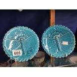 A SCHUTZ CILLI A PAIR OF ART NOUVEAU TURQUOISE GLAZED MOTH MOULDED MAJOLICA PLATES, 17CM DIAMETER