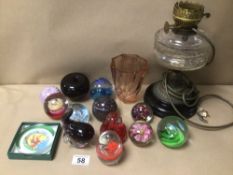 A COLLECTION OF MOSTLY ART GLASS PAPERWEIGHTS, UNMARKED AND MORE LARGEST BEING 30CM IN HEIGHT