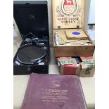 A PORTABLE VINTAGE GRAMOPHONE (HIS MASTER'S VOICE) WITH 78S RECORDS