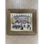 A FRAMED AND GLAZED TAPESTRY WORK OF A STREET JUBILEE SCENE, 44 X 38CM